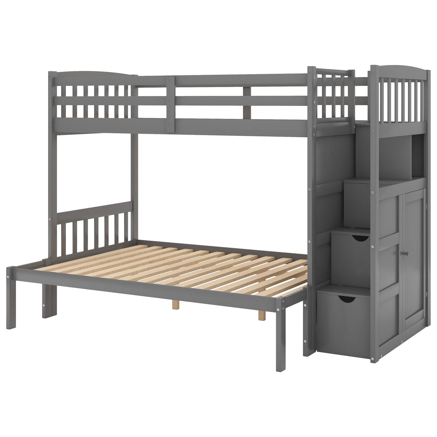 Convertible Twin Over Full/Twin Wood Bunk Bed with Storage Shelves and Drawers, Gray | Just Better Bunk Beds