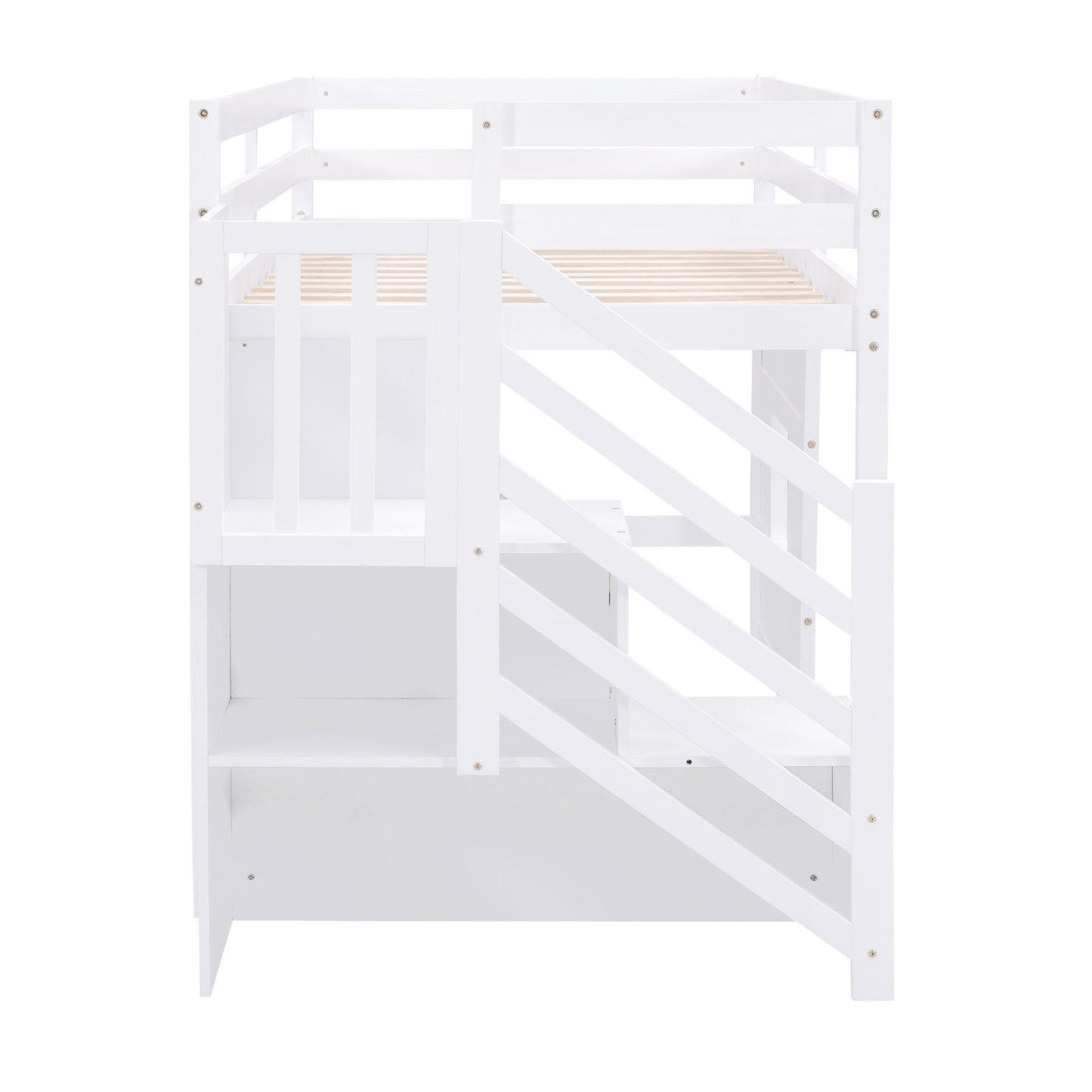 Space-Saving Twin Loft Wood Bed with Storage Staircase and Window, White | Just Better Bunk Beds
