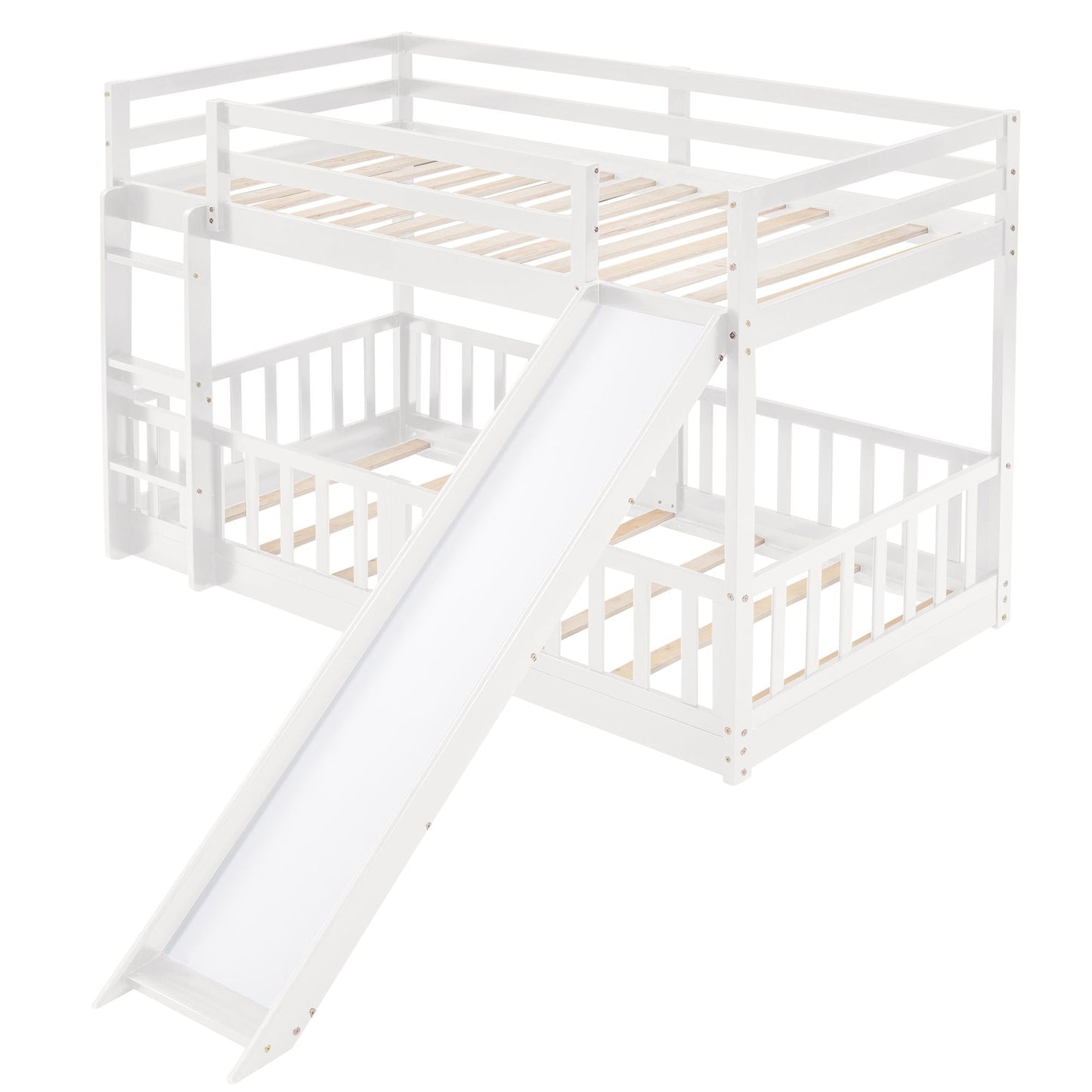 Kids Bedroom Twin Over Twin Wood Bunk Bed with Slide and Ladder, White | Just Better Bunk Beds