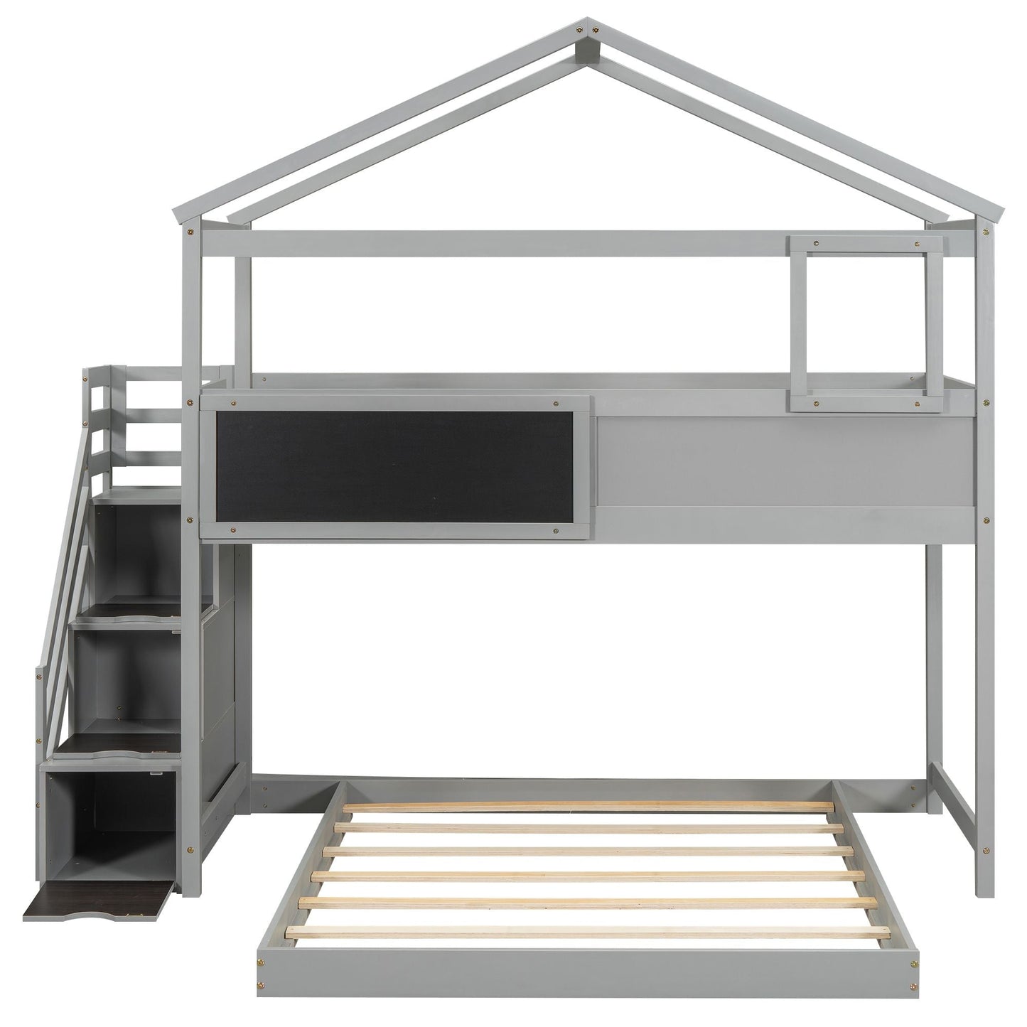 Staircase Storage Twin Over Full Wood House Bunk Bed with Blackboard, Gray and White | Just Better Bunk Beds