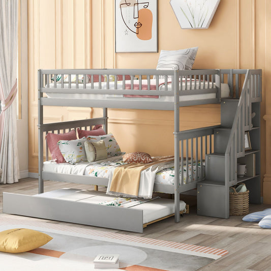 Staircase Storage Full Over Full Wood Bunk Bed with Trundle, Gray | Just Better Bunk Beds