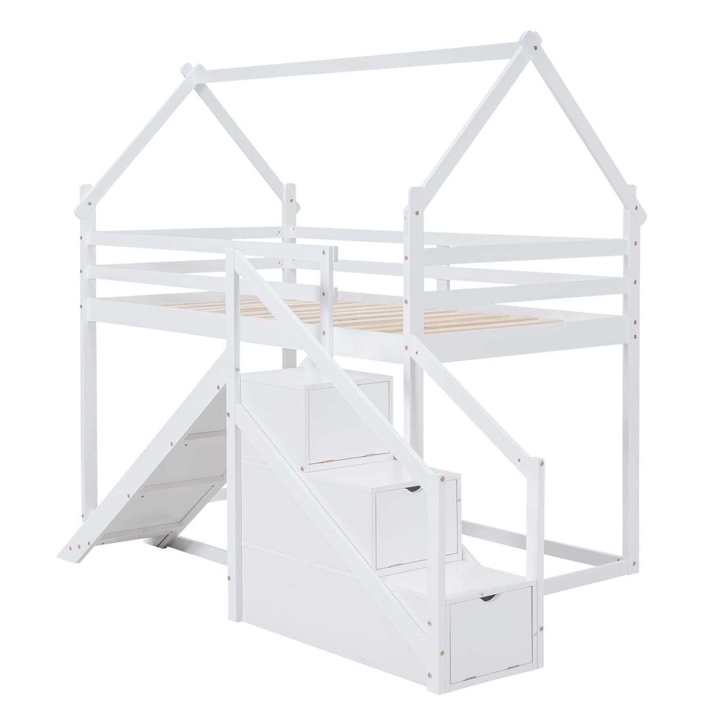 Kids Bedroom Twin Over Twin Wood House Loft Bed with Slide and Staircase, White | Just Better Bunk Beds