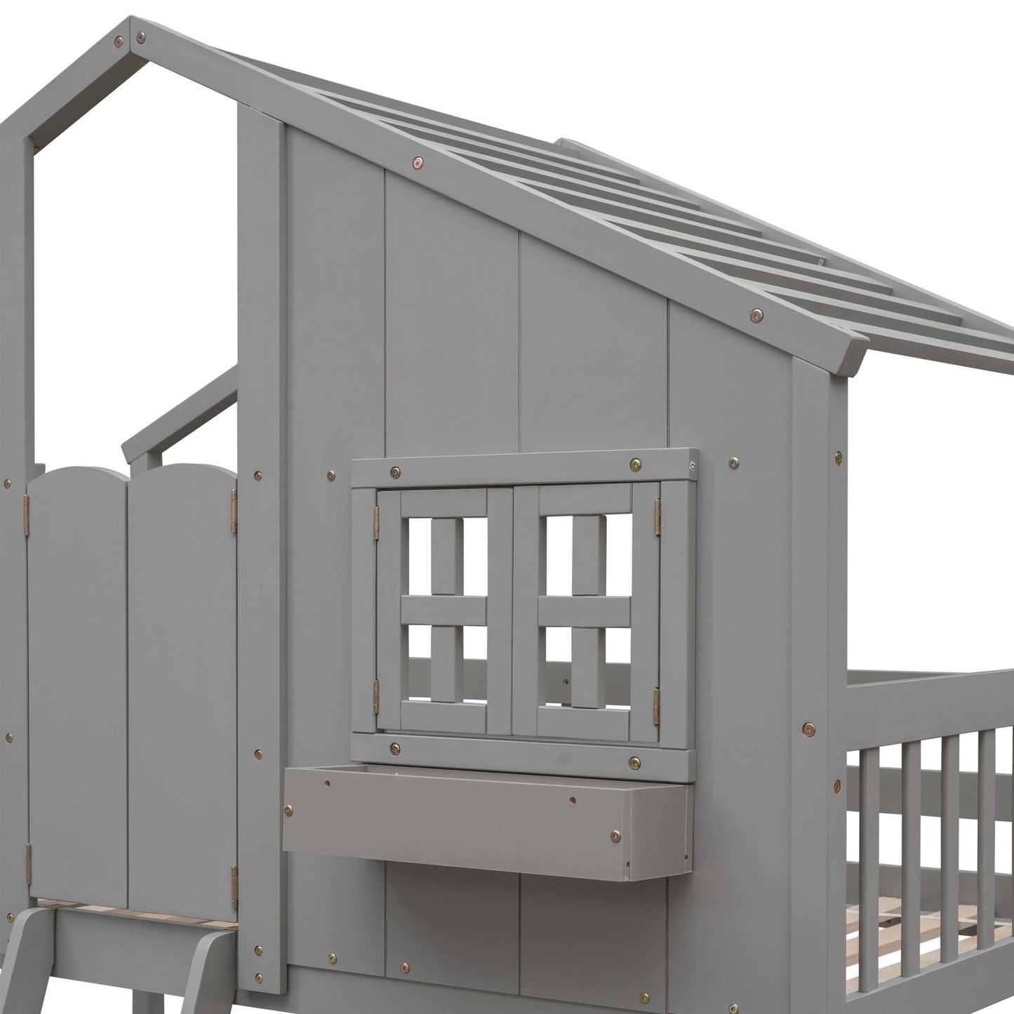 House-Style Twin Over Twin Wood Bunk Bed with Roof, Window, Door, and Ladder, Multiple Colors | Just Better Bunk Beds