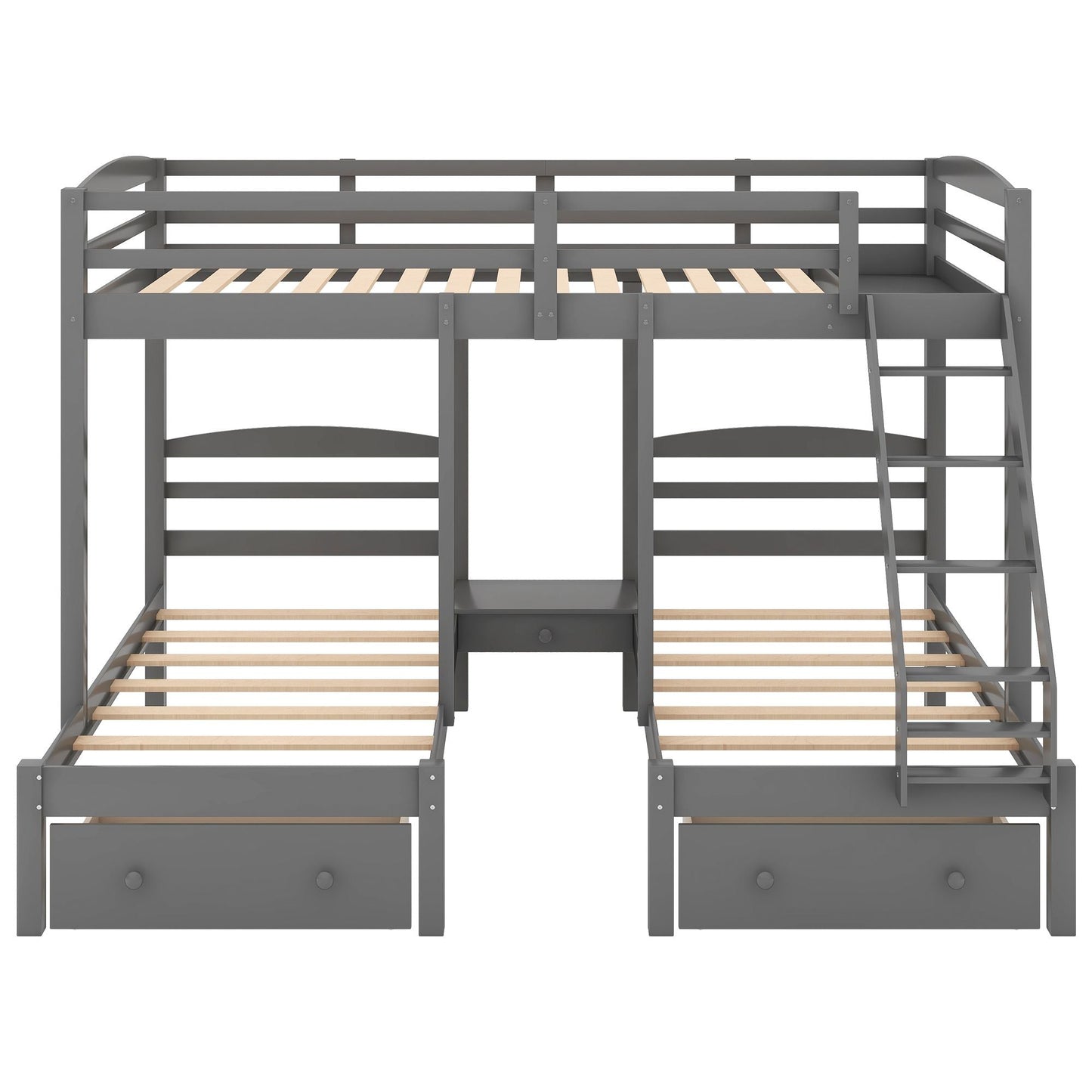 Triple Bunk Full Over Twin Over Twin Wood Bed with Drawers, Gray | Just Better Bunk Beds
