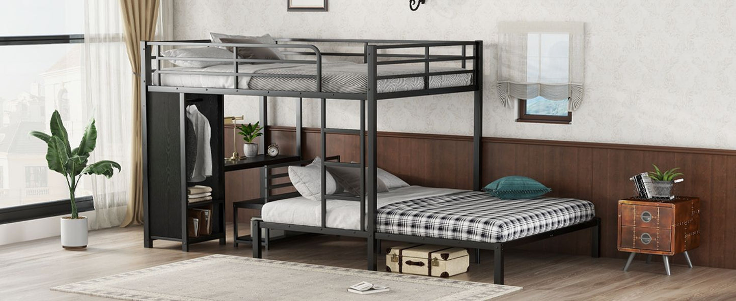Shared Room Solution Queen Over Queen Metal Bunk Bed with Built-in Wardrobe, Desk, and Storage Chairs, Black | Just Better Bunk Beds