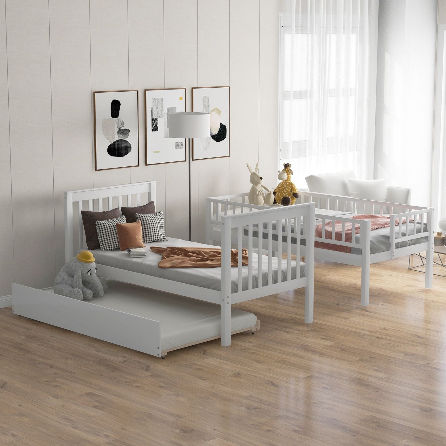 Shared Room Solution Twin Over Twin Wood Bunk Bed with Trundle and Storage, White | Just Better Bunk Beds