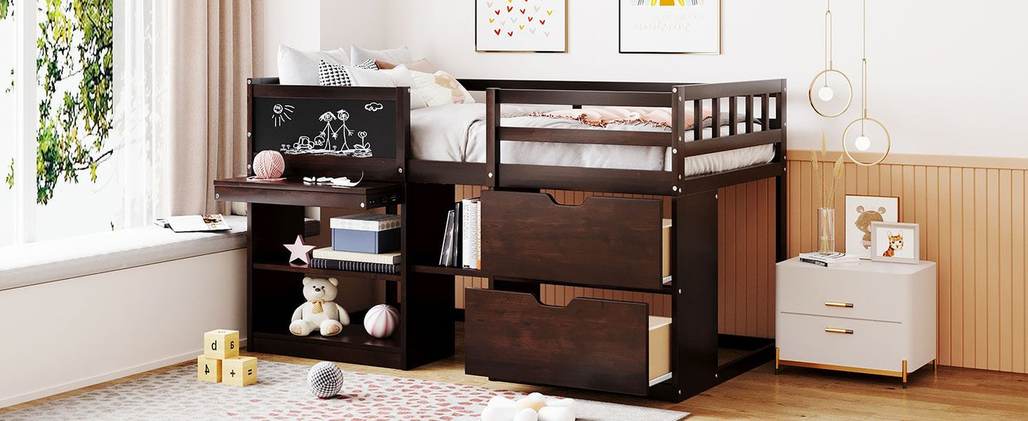 Space-Saving Twin Low Loft Wood Bed with Rolling Desk, Shelf, Drawers, White | Just Better Bunk Beds