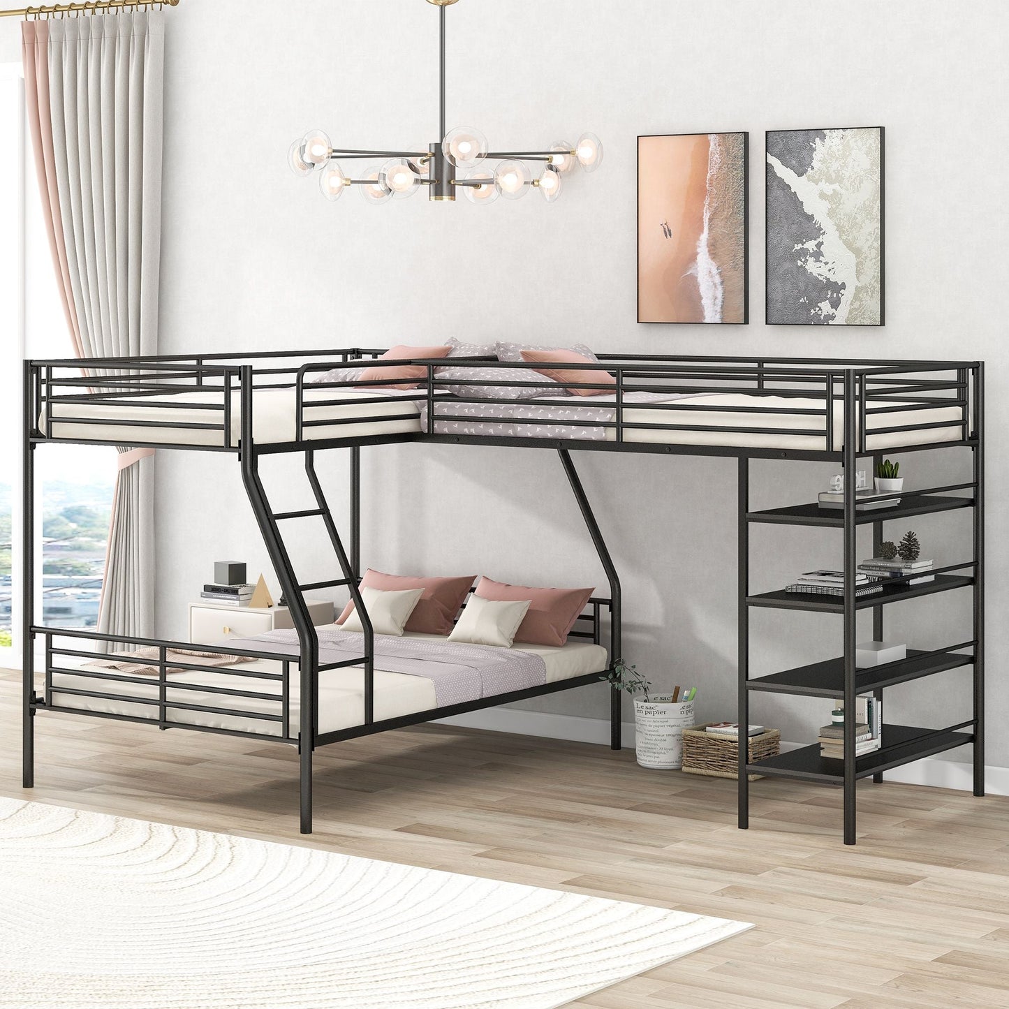 L-Shaped Metal Twin Over Full Bunk Bed and Loft Bed with Built-in Shelves, Black | Just Better Bunk Beds