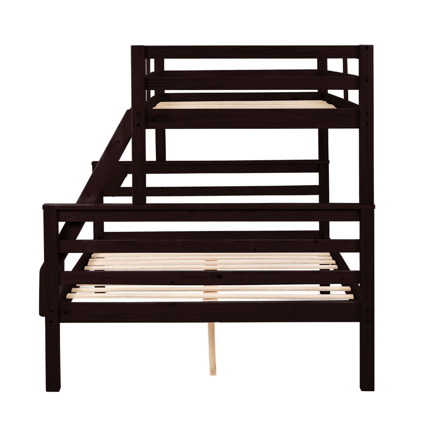 Durable Twin Over Full Wood Bunk Bed with Thick Posts, High Guardrail, Ladder, Espresso | Just Better Bunk Beds