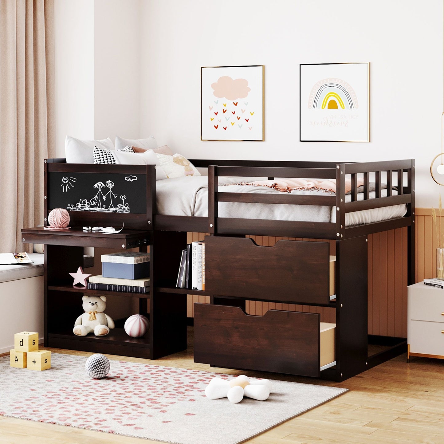 Space-Saving Twin Low Loft Wood Bed with Rolling Desk, Shelf, Drawers, White | Just Better Bunk Beds