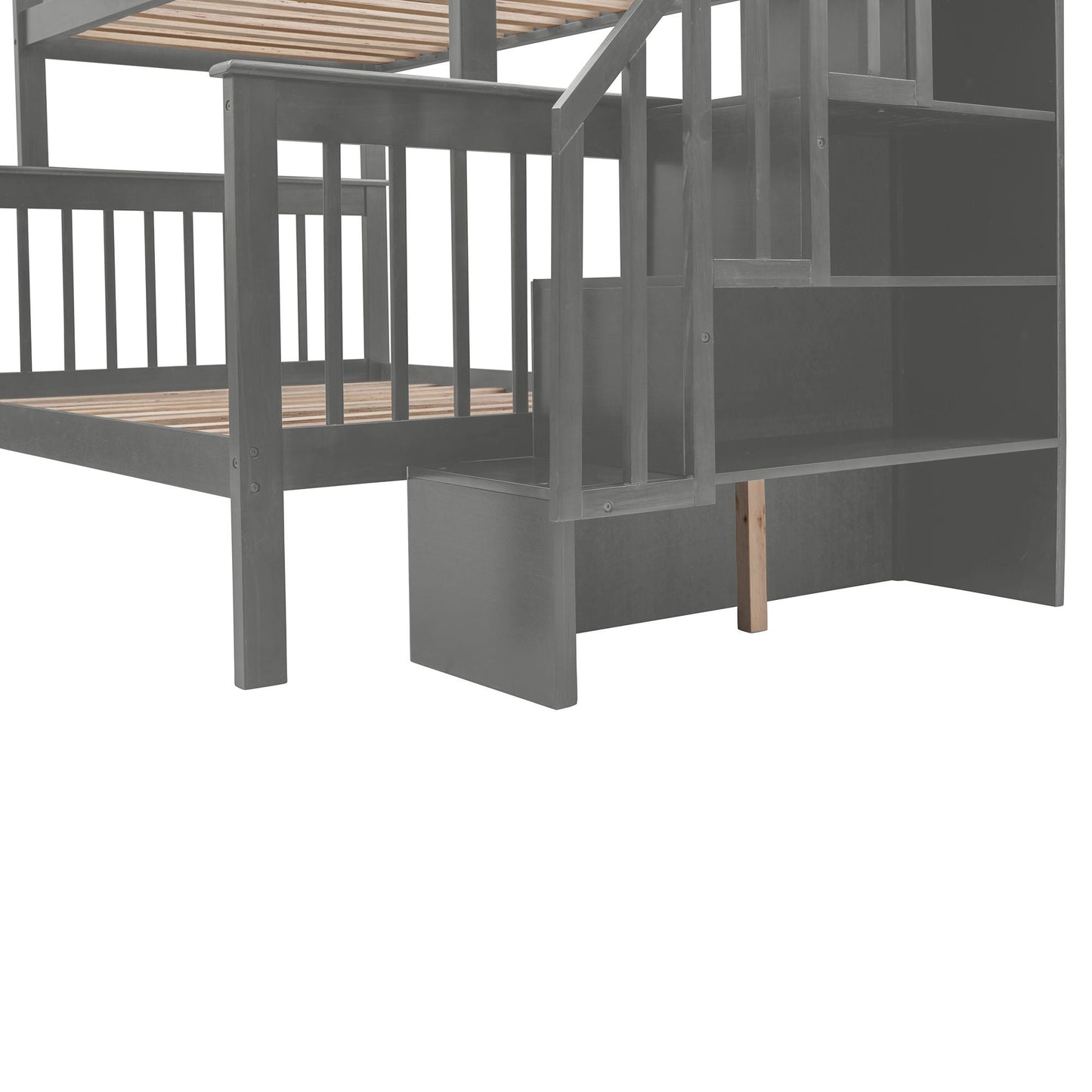 Staircase Storage Twin Over Full Wood Bunk Bed with Drawer, Storage, and Guard Rail, Gray | Just Better Bunk Beds