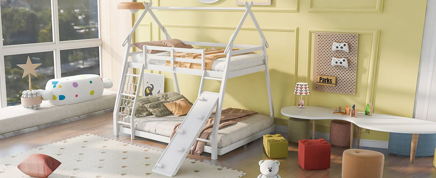 House-Style Twin Over Queen Wood Bunk Bed with Climbing Nets and Ramp, White | Just Better Bunk Beds