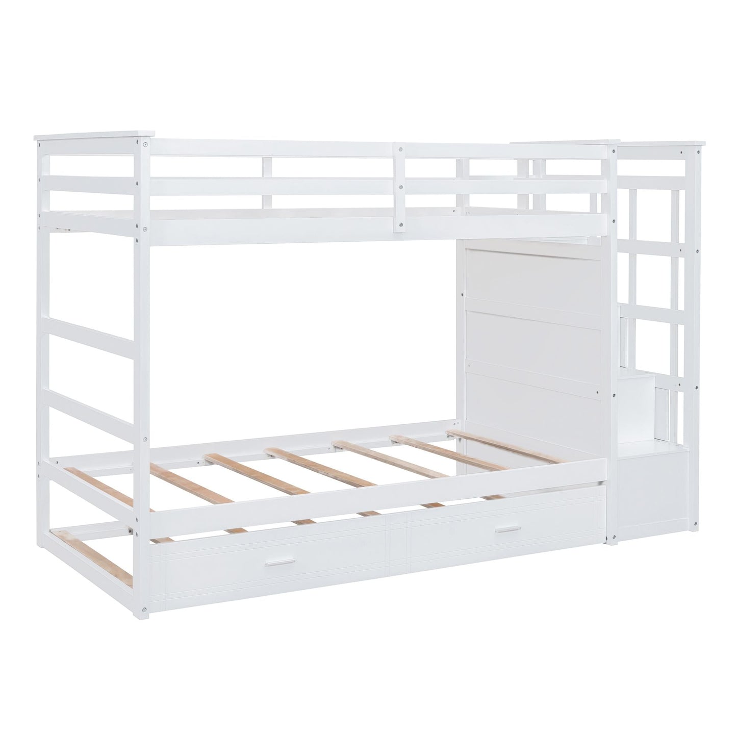 Shared Room Solution Twin Over Twin Wood Bunk Bed with Trundle and Staircase, White | Just Better Bunk Beds