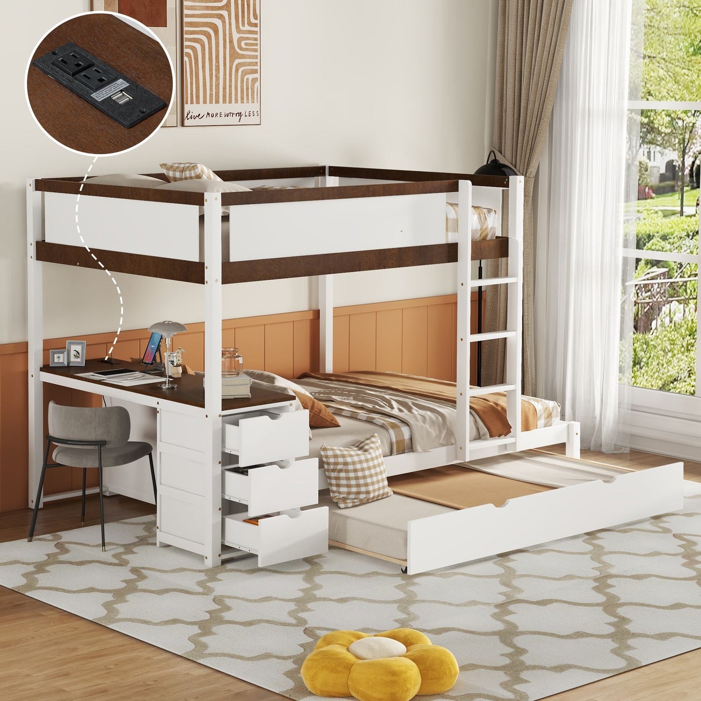 Shared Room Solution Full Over Full Wood Bunk Bed with Twin Trundle, Storage, Desk, White Walnut | Just Better Bunk Beds