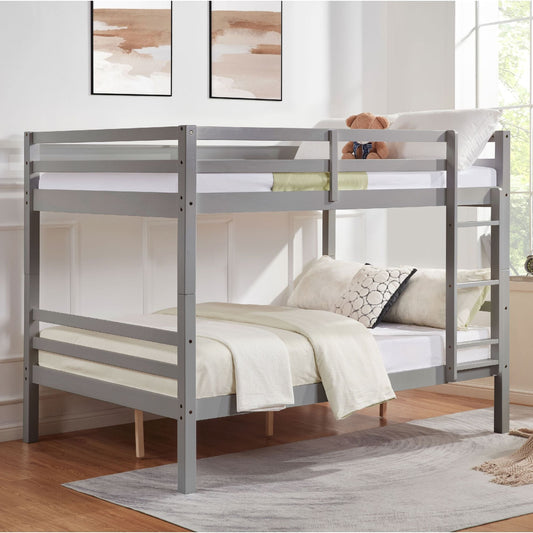 Durable Full Over Full Wood Bunk Bed with Thick Posts, High Guardrail, Ladder, Gray | Just Better Bunk Beds