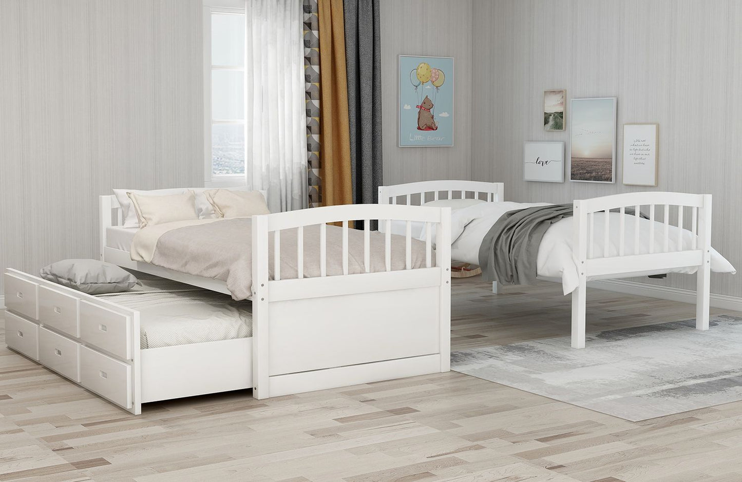 Space-Saving Twin Over Twin Wood Bunk Bed with Trundle and Drawers, White | Just Better Bunk Beds