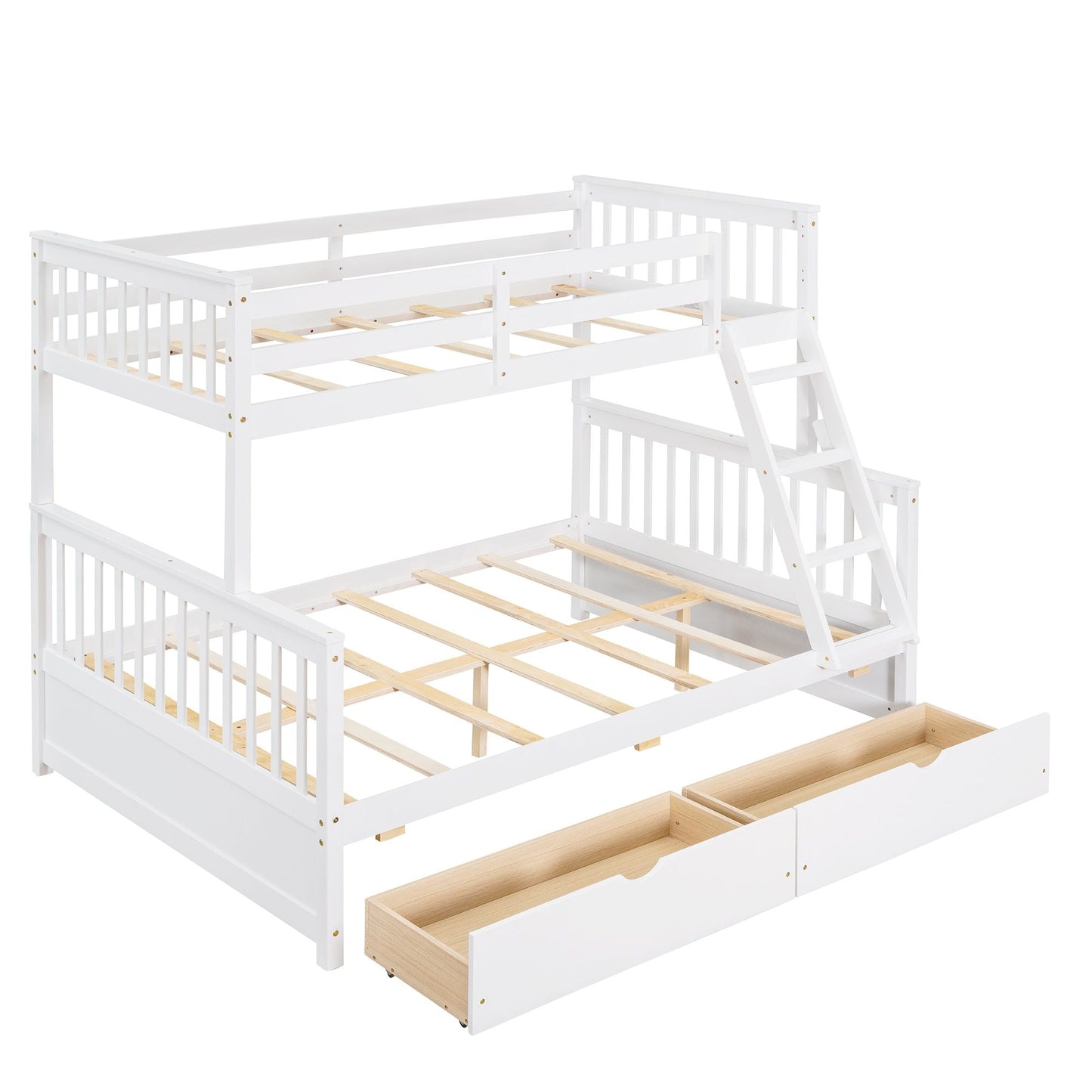 Heavy-Duty Twin Over Full Wood Bunk Bed with Ladders and Two Storage Drawers, White | Just Better Bunk Beds