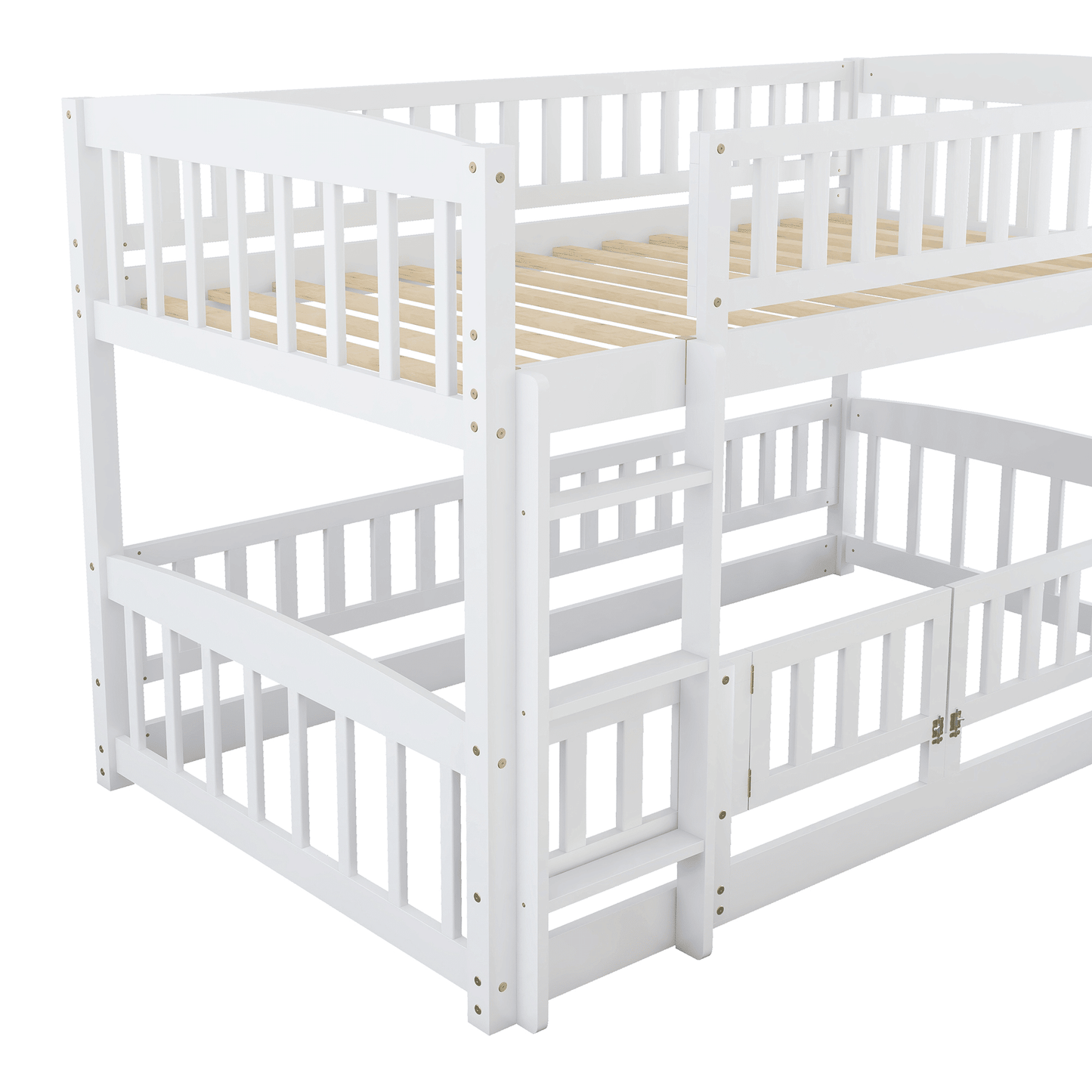 Safe Twin Over Twin Wood Low Bunk Bed with Slide, White with Fence and Ladder | Just Better Bunk Beds
