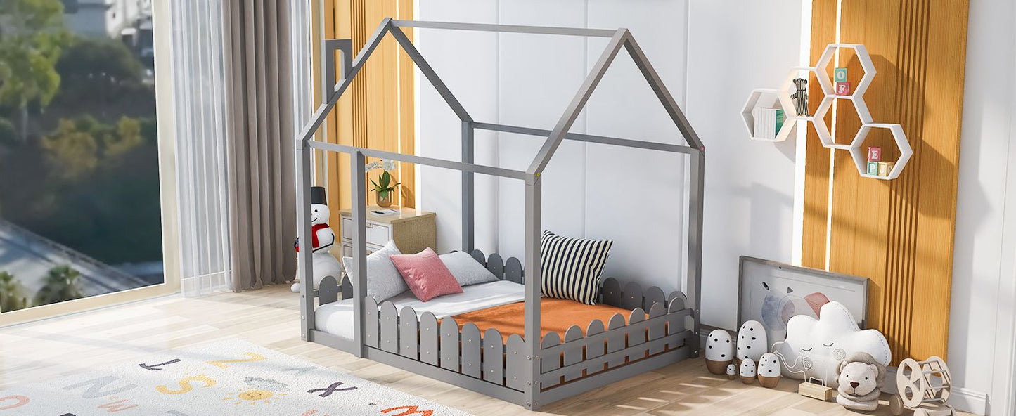 Kids Bedroom Full Wood Bed Frame with Protective Fence, White | Just Better Bunk Beds