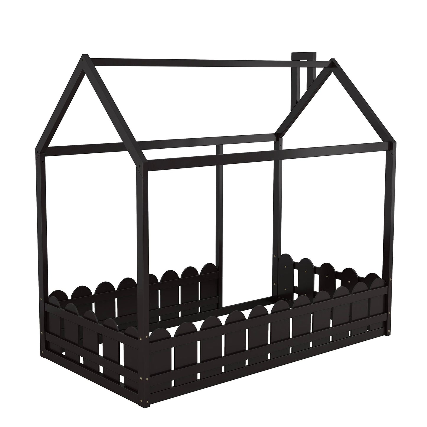House-Style Twin Wood Bed Frame with Fence for Kids and Teens, Espresso, Gray, White | Just Better Bunk Beds