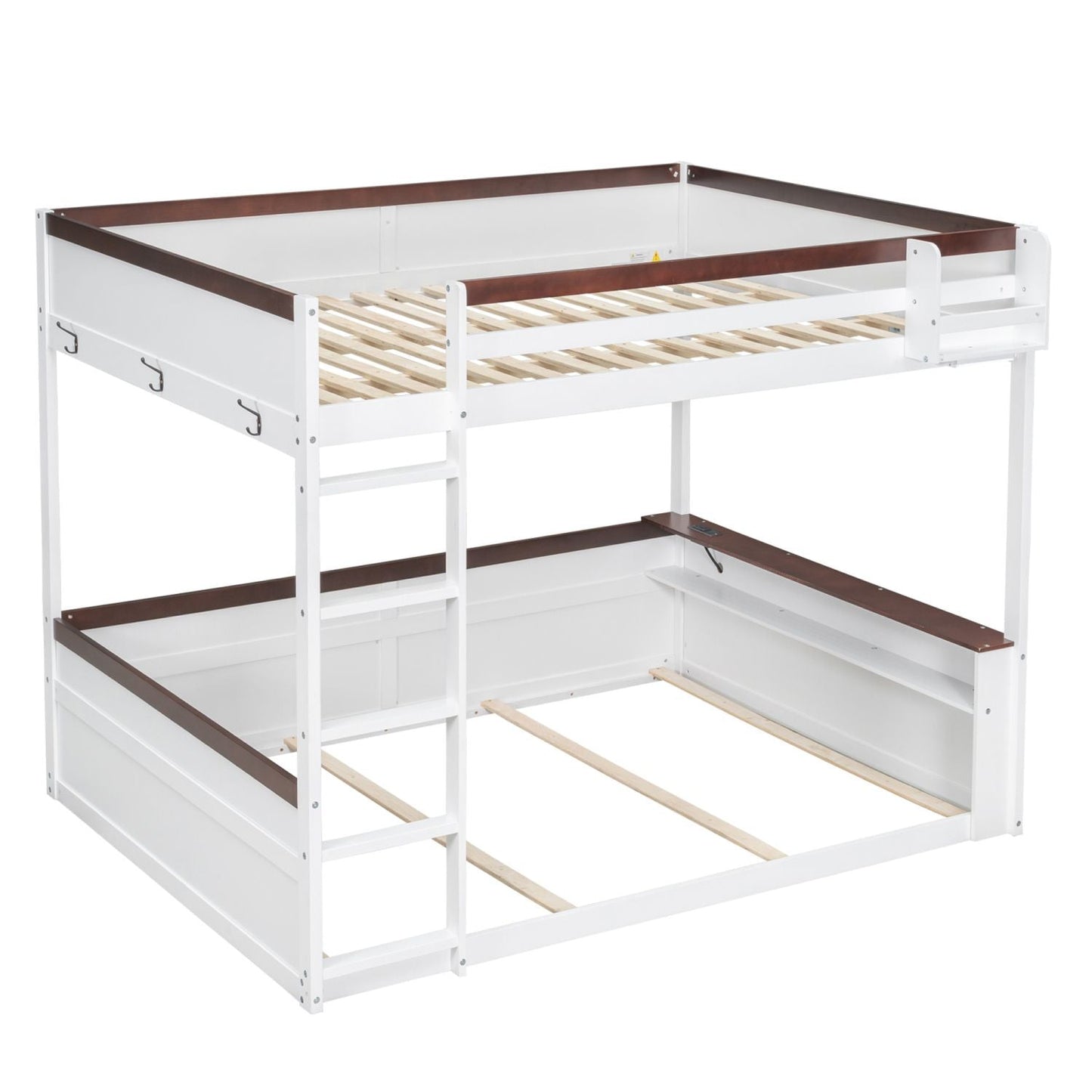 Queen Size Wooden Bunk Bed with Built-in Shelves, Storage Box, LED Light and USB Charging Station, White