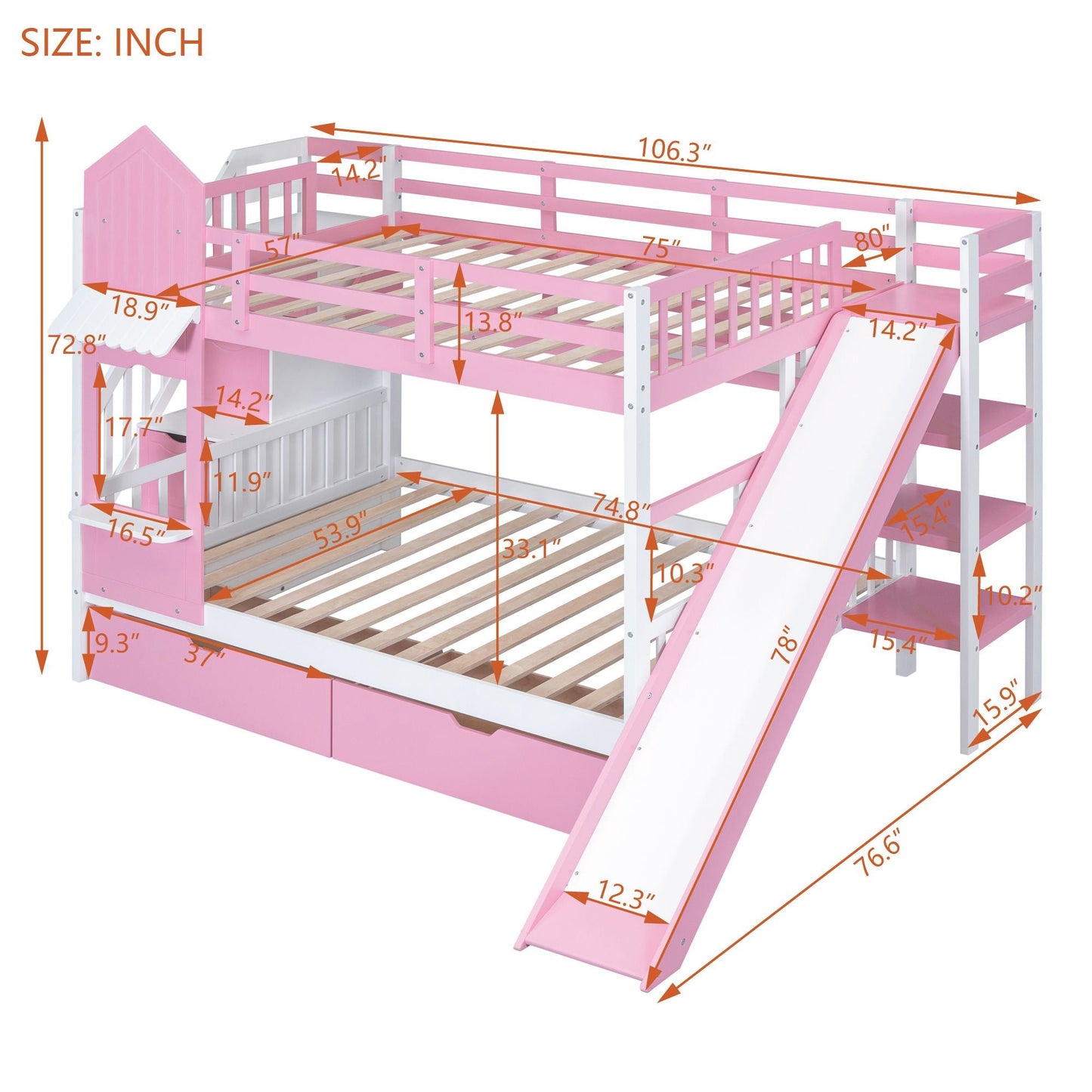 House-Style Full Over Full Wood Castle Bunk Bed with Drawers, Shelves, and Slide, Pink | Just Better Bunk Beds