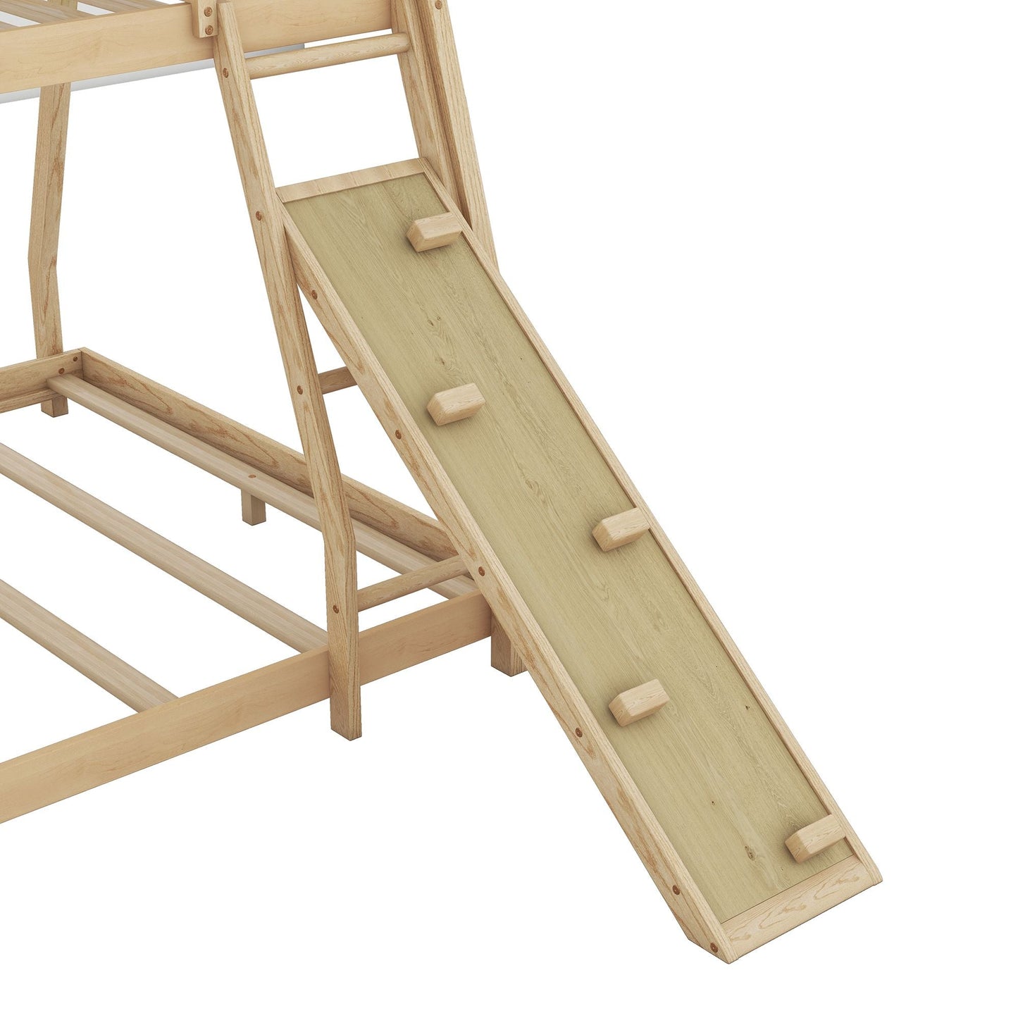 Shared Room Solution Twin Over Queen Wood House Bunk Bed with Climbing Nets and Ramp, Natural | Just Better Bunk Beds