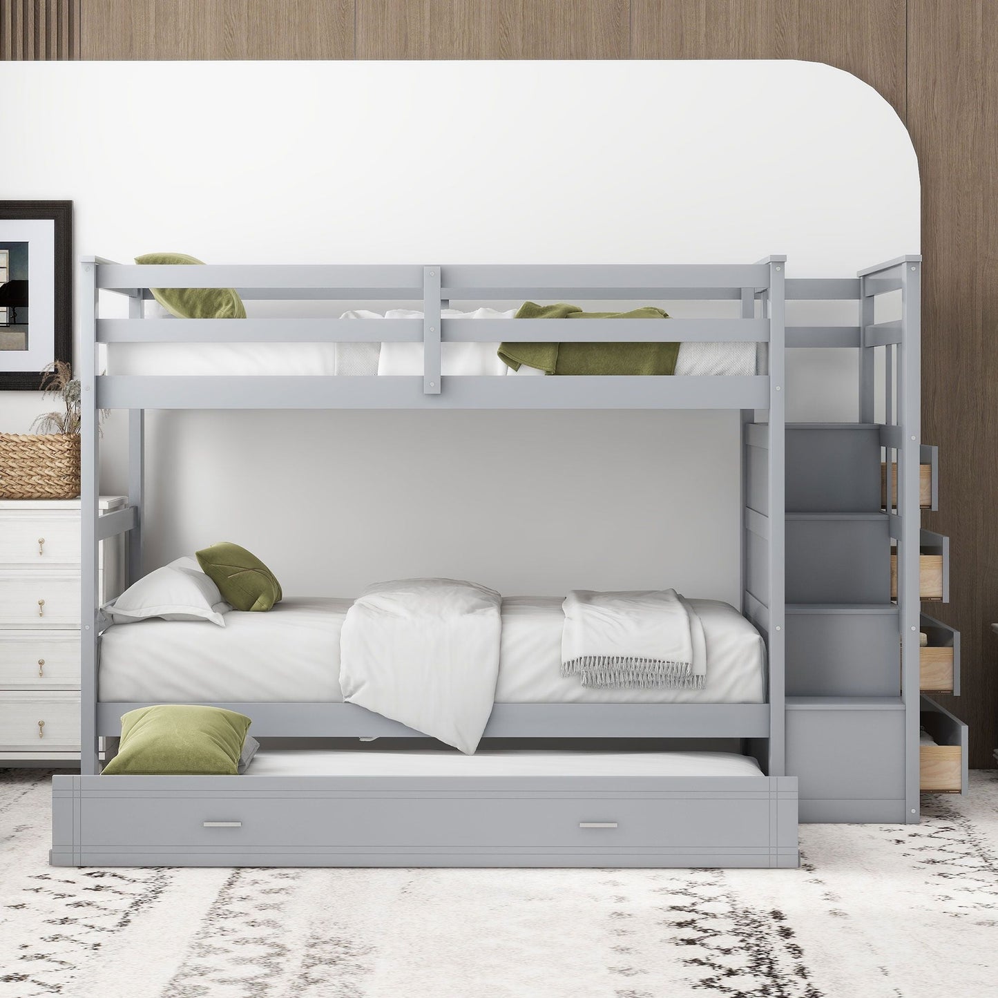 Staircase Storage Twin Over Twin Wood Bunk Bed with Trundle, Gray | Just Better Bunk Beds