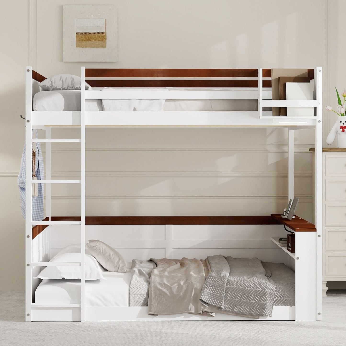 Queen Size Wooden Bunk Bed with Built-in Shelves, Storage Box, LED Light and USB Charging Station, White