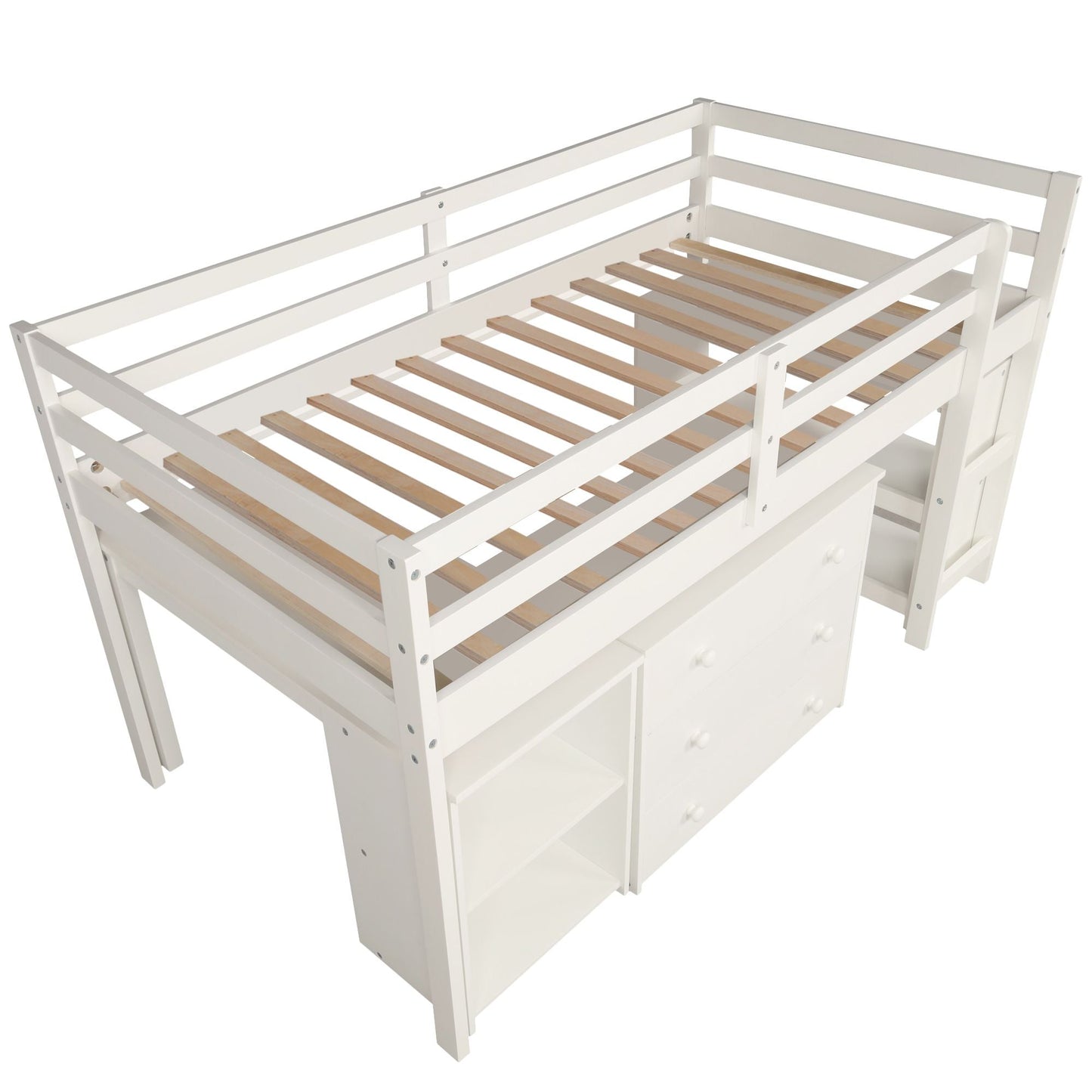 Kids Bedroom Twin Wood Loft Bed with Cabinet and Rolling Desk, White | Just Better Bunk Beds