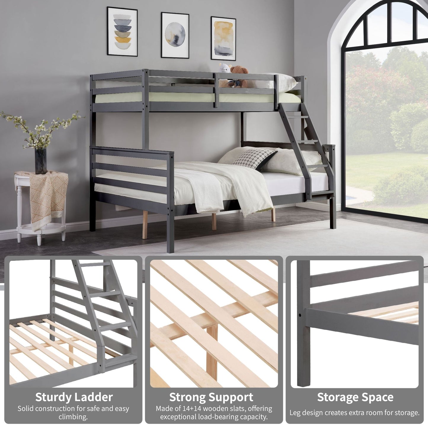Shared Room Solution Twin Over Full Wood Bunk Bed, Gray with Ladder and High Guardrail | Just Better Bunk Beds