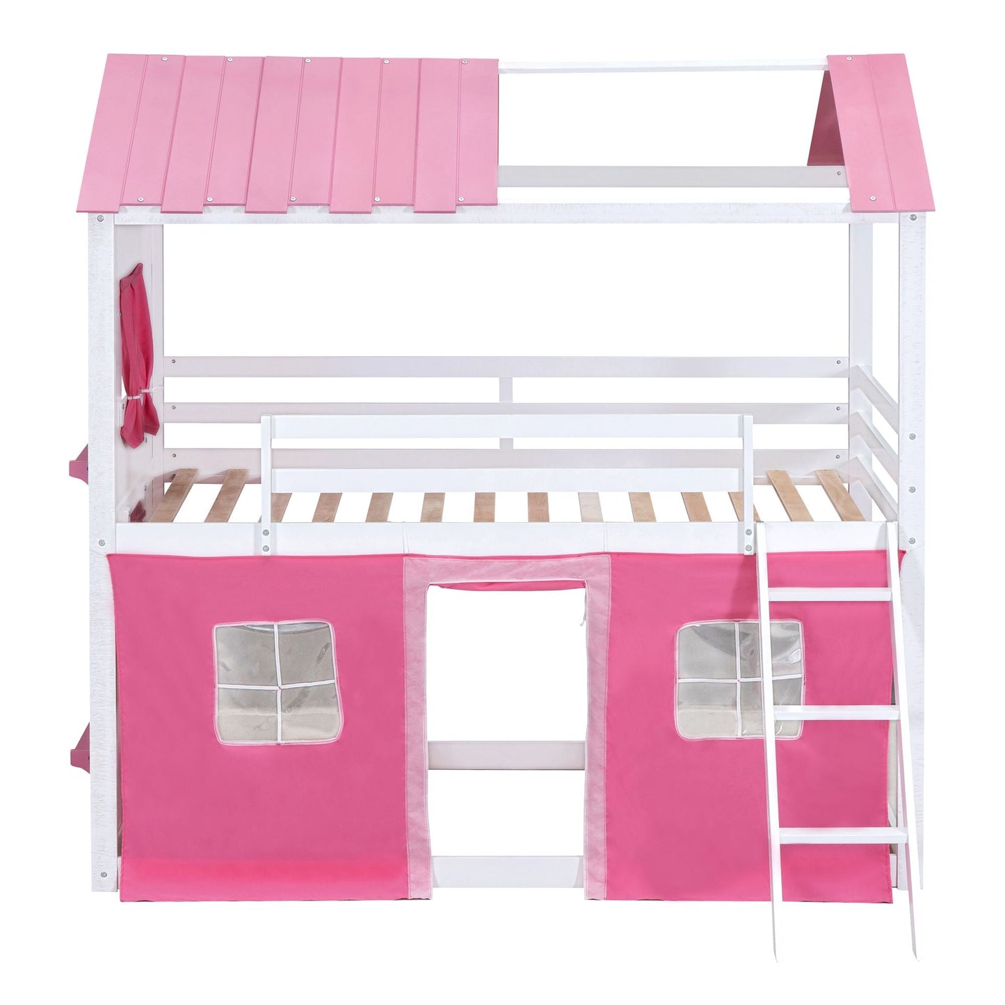 Kids Bedroom Twin Wood House-Style Bunk Bed with Elegant Windows, Sills and Tent, Pink and White | Just Better Bunk Beds