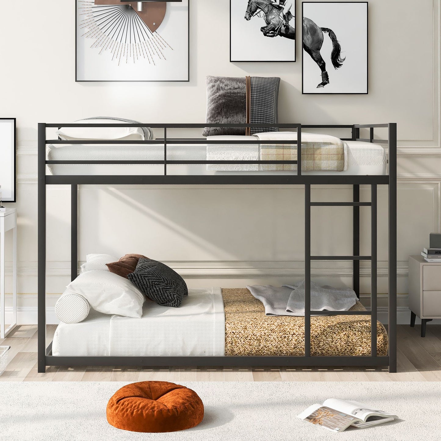 Low Profile Full Over Full Metal Bunk Bed with Ladder, Black | Just Better Bunk Beds