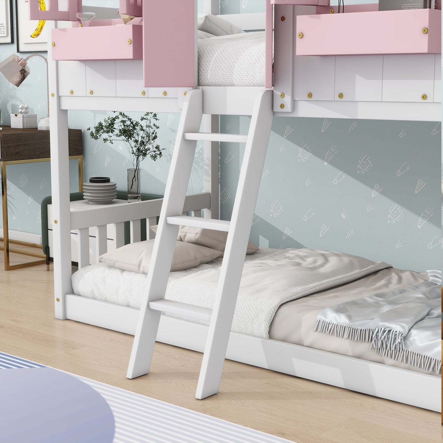 House-Style Twin Over Twin Wood Bunk Bed with Roof, Window, Door, and Ladder, Multiple Colors | Just Better Bunk Beds