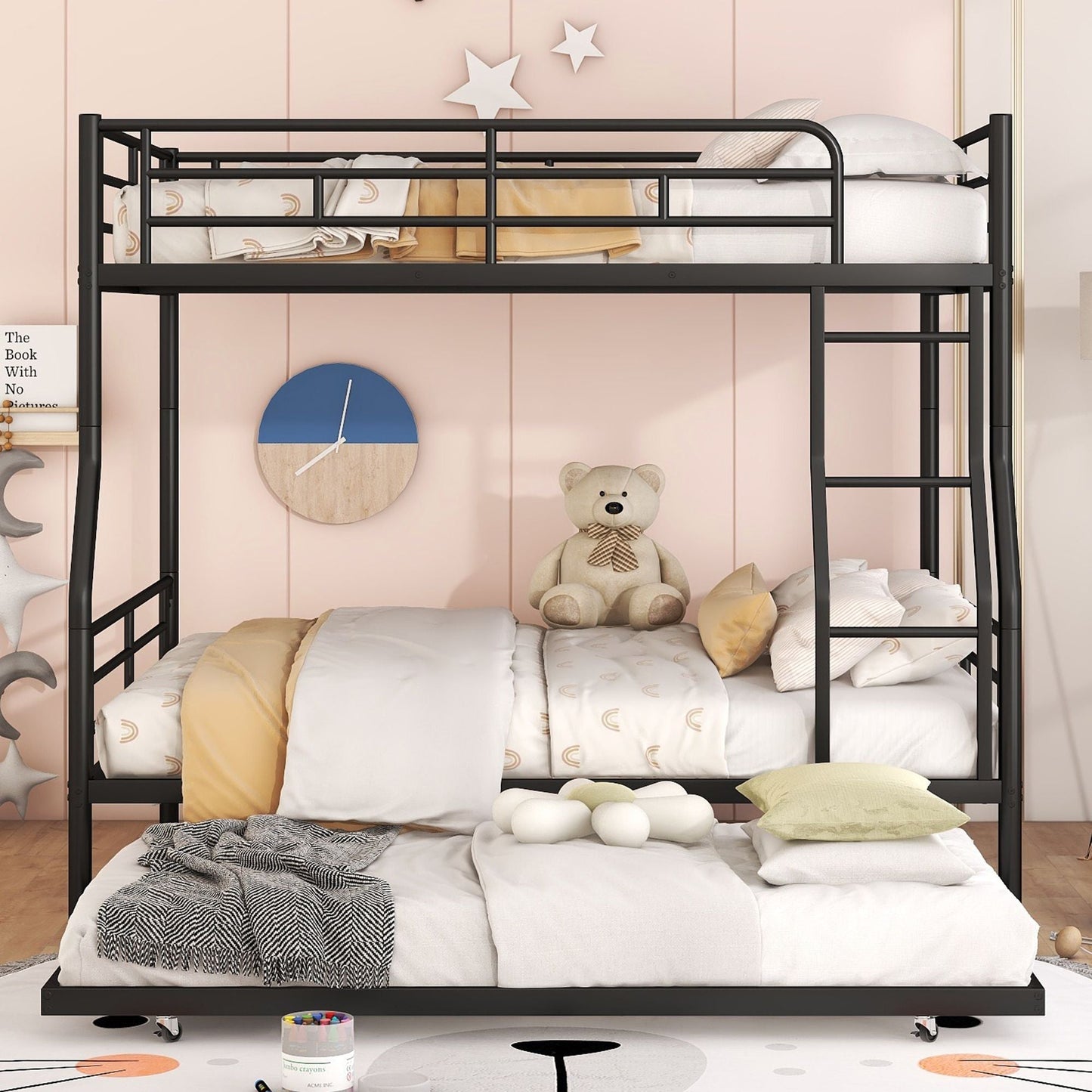 Space-Saving Full XL Over Queen Metal Bunk Bed with Trundle, Black | Just Better Bunk Beds
