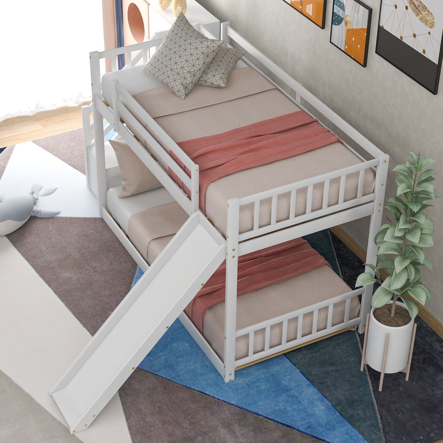 Convertible Twin Over Twin Wood Bunk Bed with Slide and Stairway, White | Just Better Bunk Beds