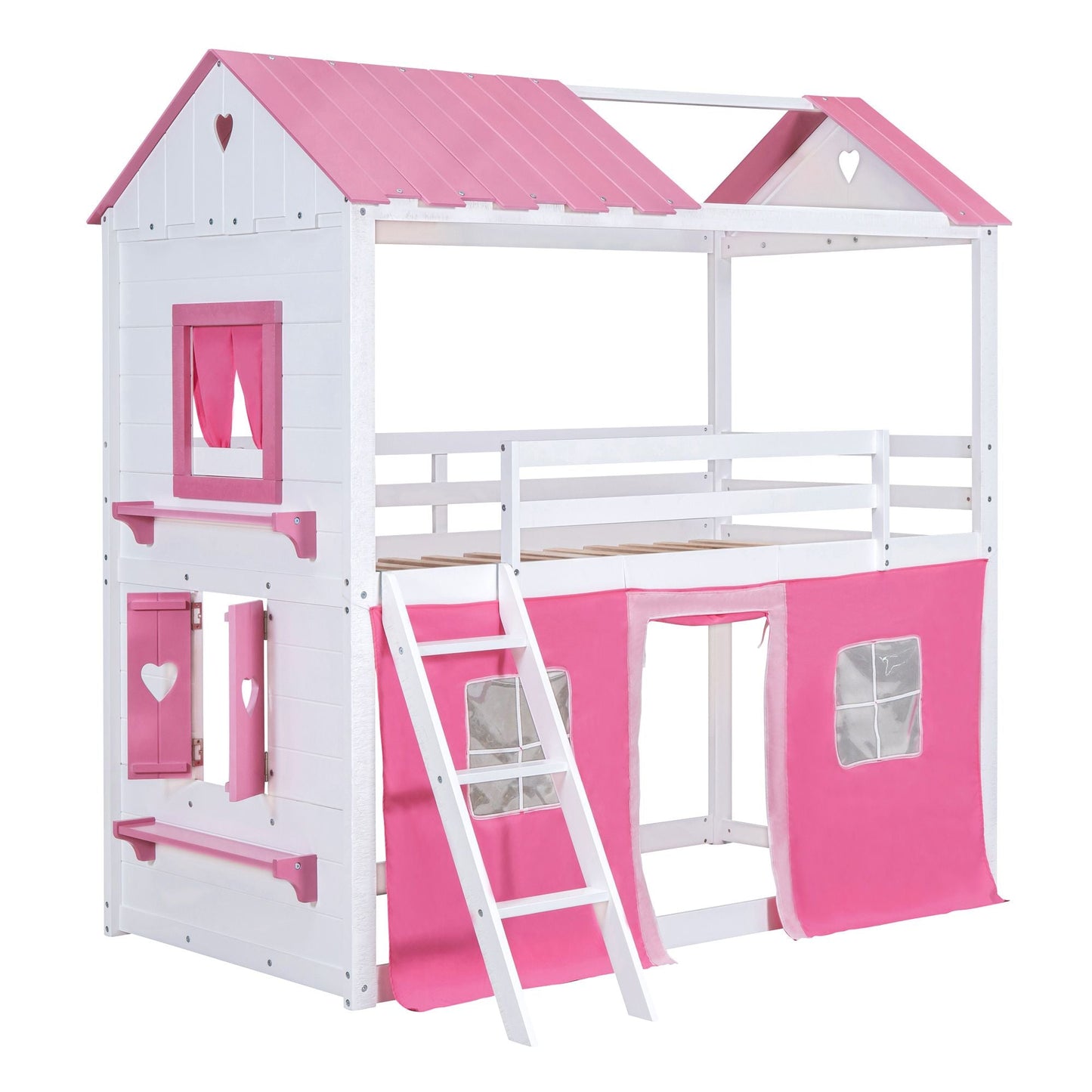 Kids Bedroom Twin Wood House-Style Bunk Bed with Elegant Windows, Sills and Tent, Pink and White | Just Better Bunk Beds
