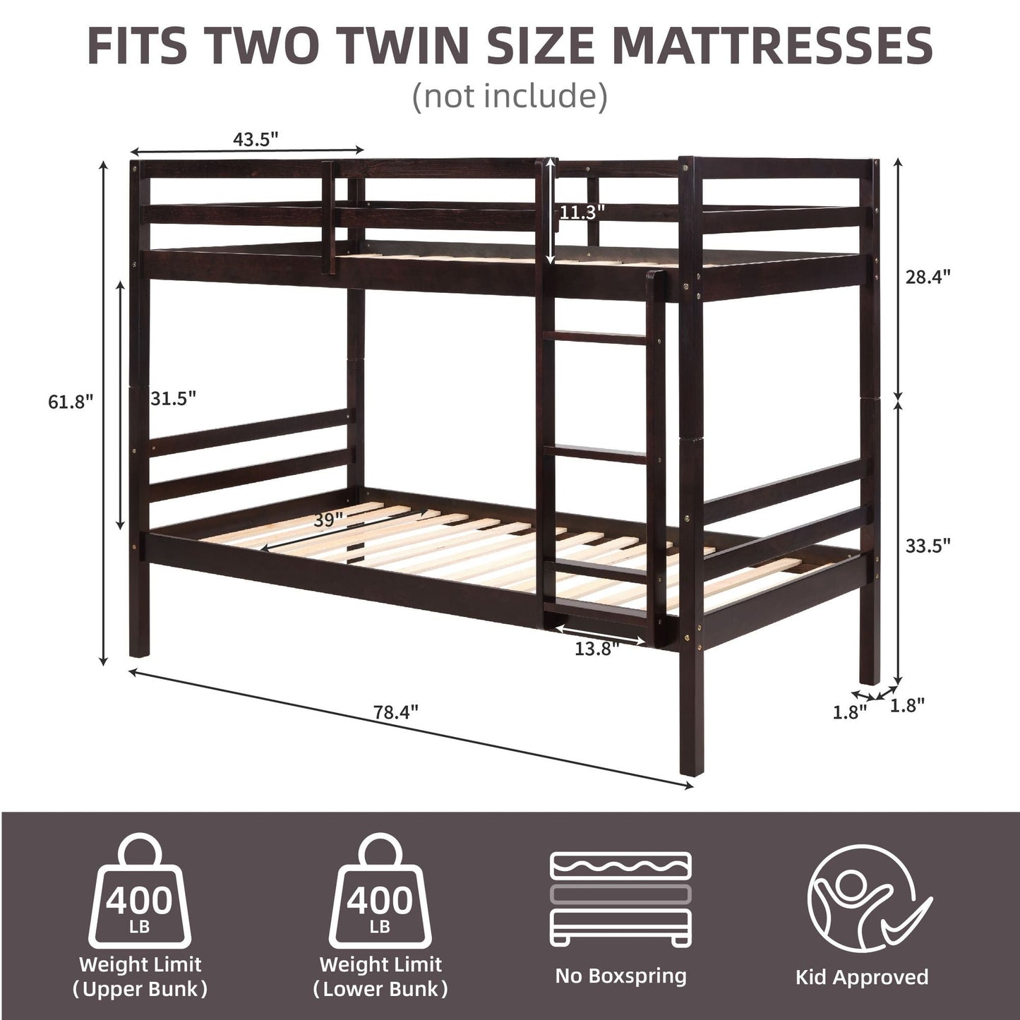 Twin over Twin Bunk Bed with Ladder,Wooden Bunk Bed with High Guardrail and Ladder for Kids, Teens, Dorm Rooms, and Guest Rooms,No Box Spring Needed,Espresso