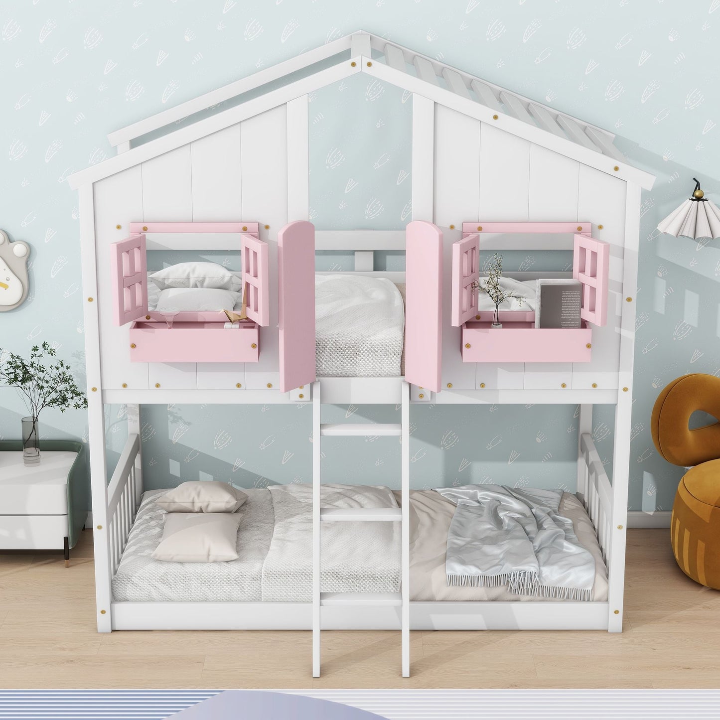 House-Style Twin Over Twin Wood Bunk Bed with Roof, Window, Door, and Ladder, Multiple Colors | Just Better Bunk Beds