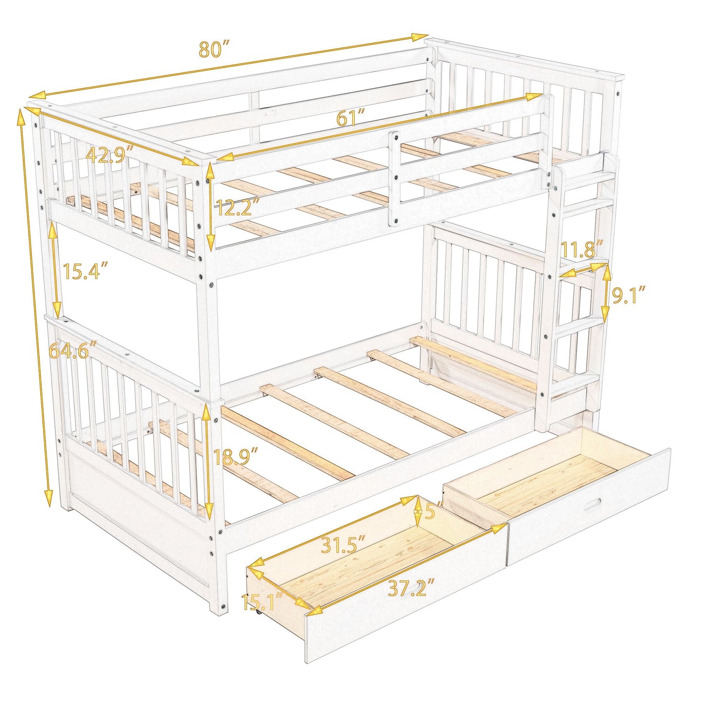 Organized Twin Over Twin Wood Bunk Bed with Ladders and Two Storage Drawers, Walnut | Just Better Bunk Beds