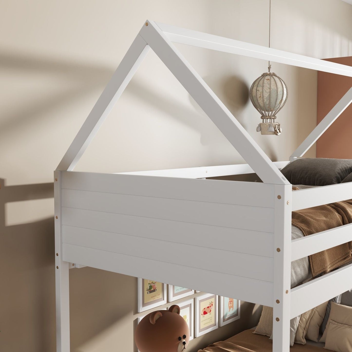 Twin Over Twin House Floor Bunk Bed with Headboards,  Footboards and Guardrails,  Ladder,  Rubber Wood Bunk Bed with Safety Guardrails, White