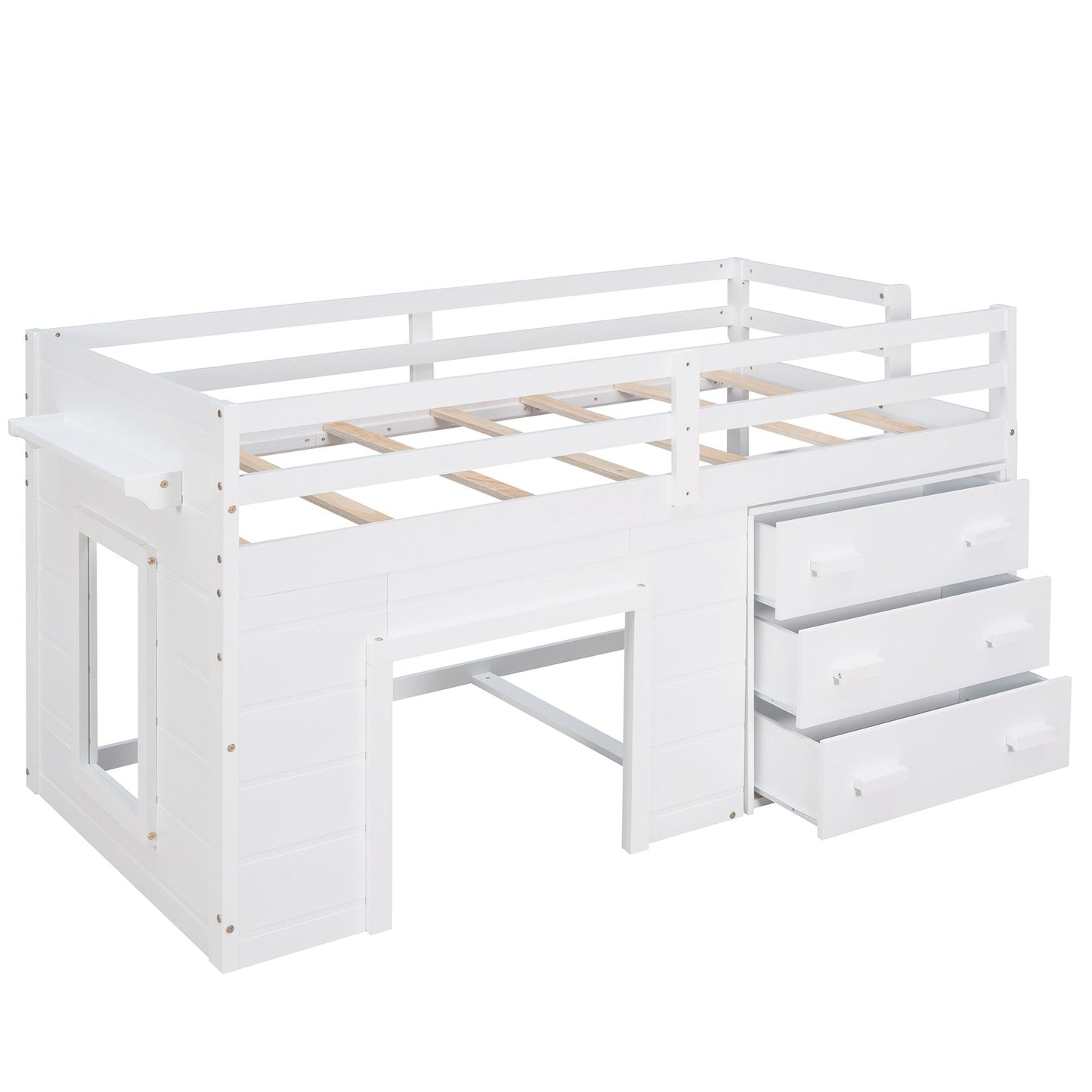 Kids Bedroom Twin Wood Loft Bed with Cabinet and Shelf, White | Just Better Bunk Beds