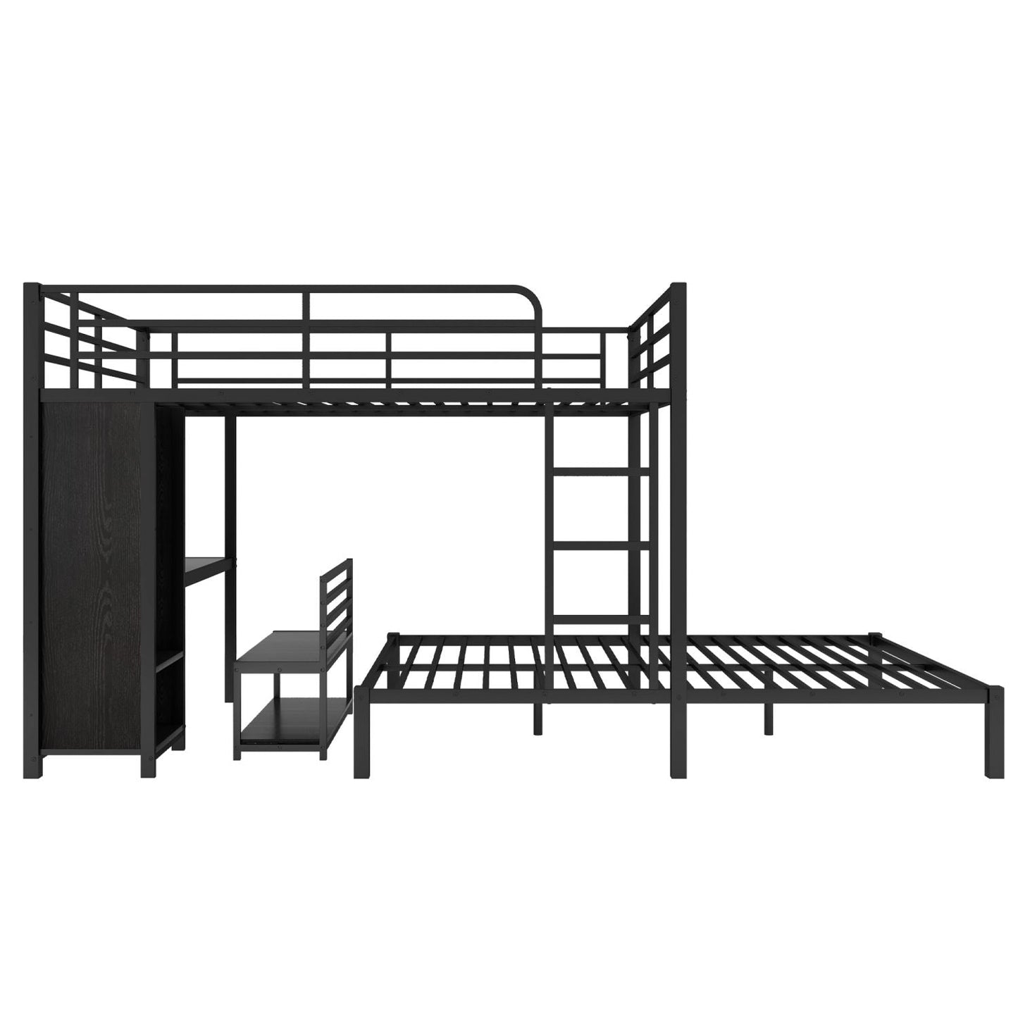 Shared Room Solution Queen Over Queen Metal Bunk Bed with Built-in Wardrobe, Desk, and Storage Chairs, Black | Just Better Bunk Beds