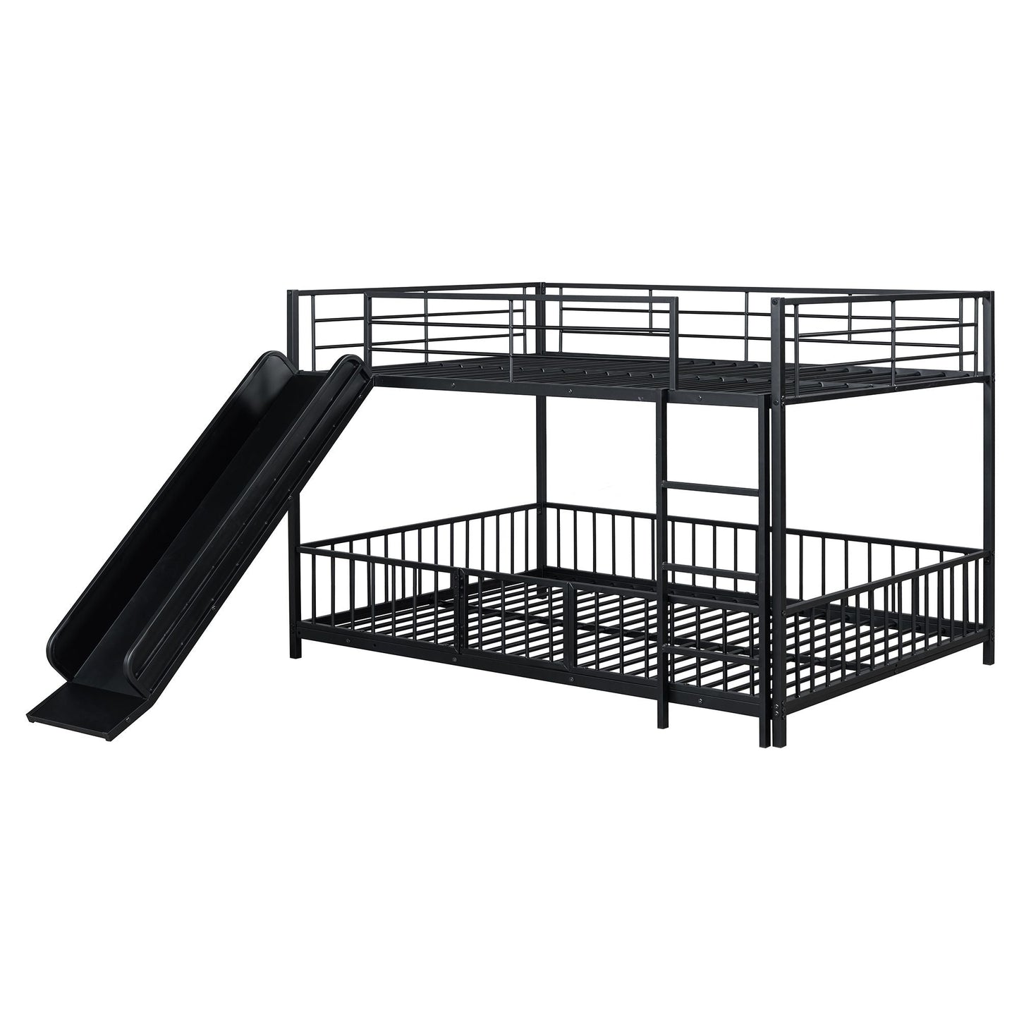 Full over Full Size Metal Bunk Bed with Slide and Guardrails,  Black