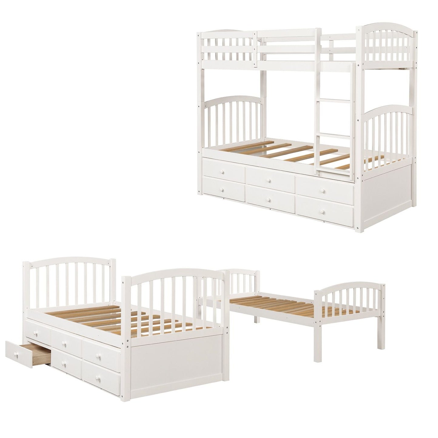 Space-Saving Twin Wood Bunk Bed with Ladder, Safety Rail, Twin Trundle and 3 Drawers, White | Just Better Bunk Beds