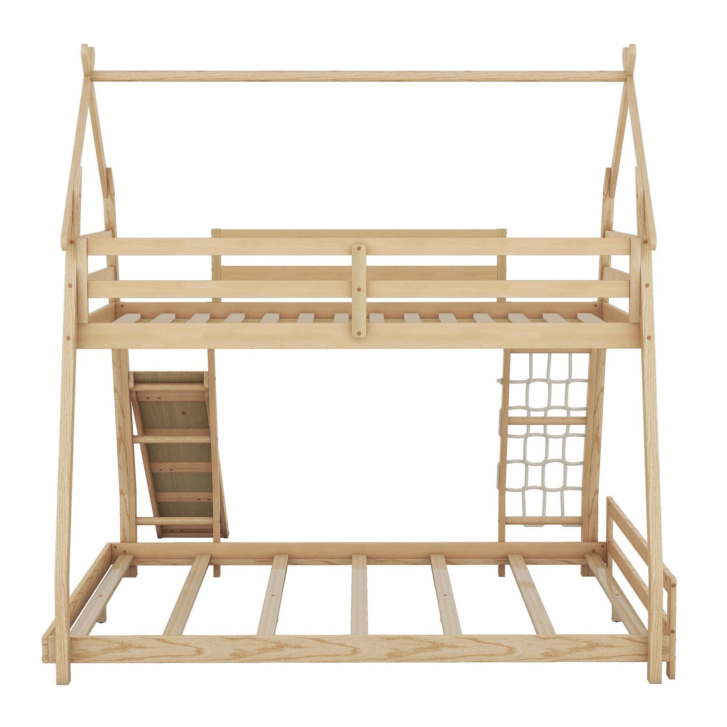 Shared Room Solution Twin Over Queen Wood House Bunk Bed with Climbing Nets and Ramp, Natural | Just Better Bunk Beds