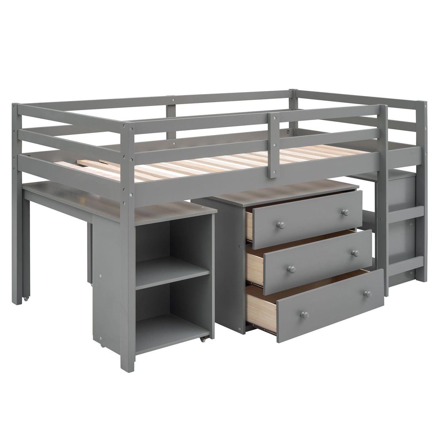 Kids Bedroom Twin Wood Loft Bed with Cabinet and Rolling Desk, White | Just Better Bunk Beds