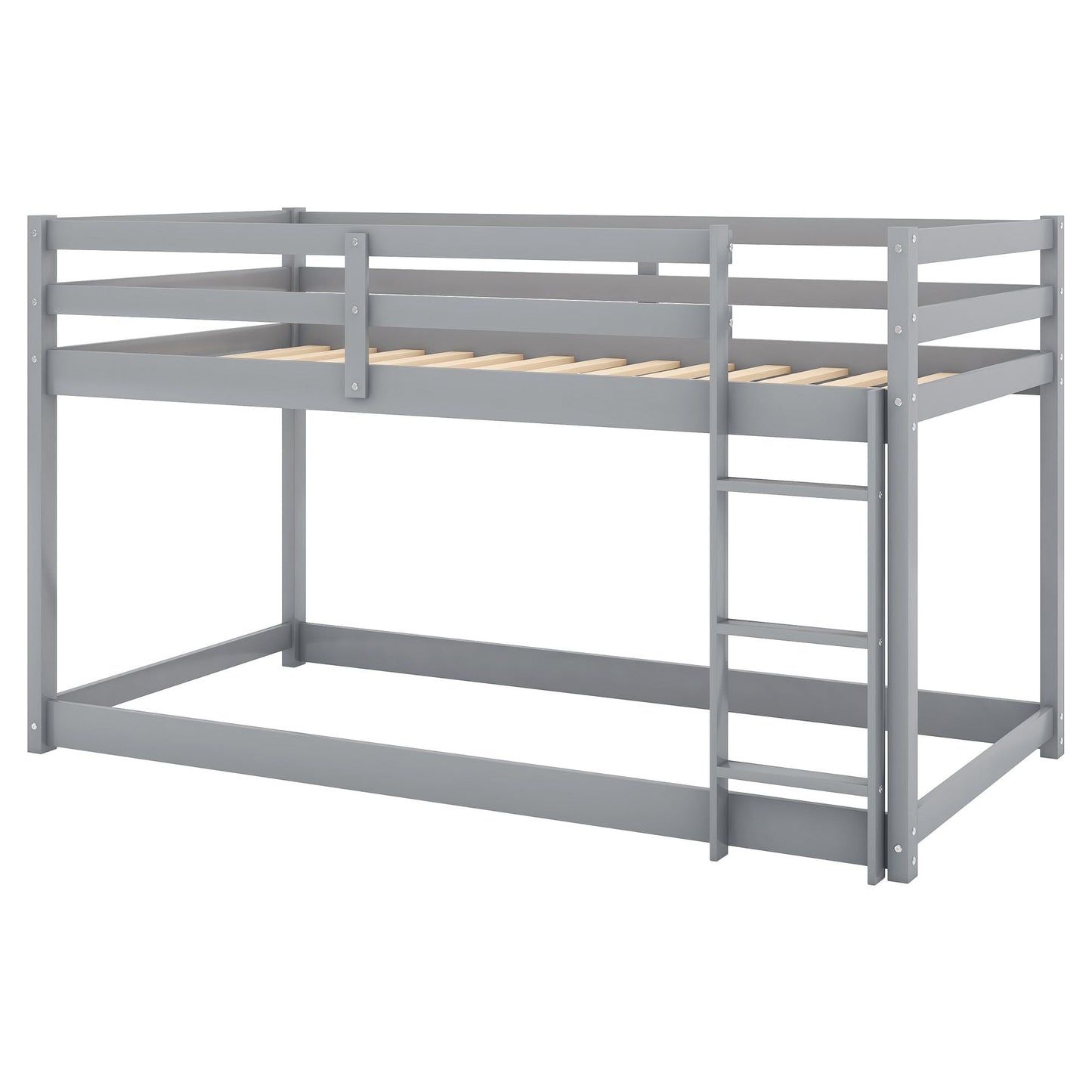 Low Profile Twin Over Twin Wood Floor Bunk Bed, White with Ladder | Just Better Bunk Beds