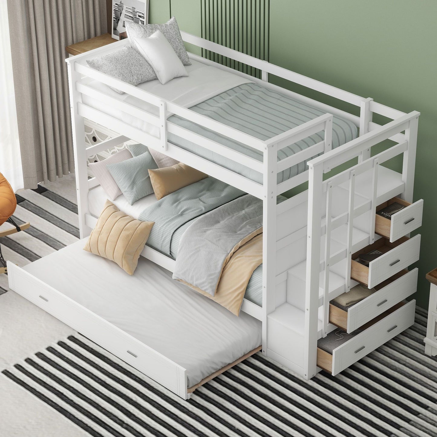 Shared Room Solution Twin Over Twin Wood Bunk Bed with Trundle and Staircase, White | Just Better Bunk Beds