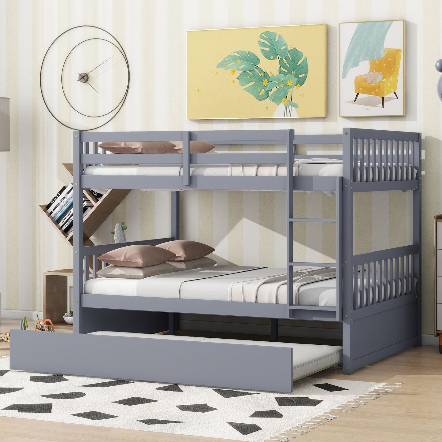 Convertible Full Over Full Wood Bunk Bed with Trundle and Ladder, Gray | Just Better Bunk Beds